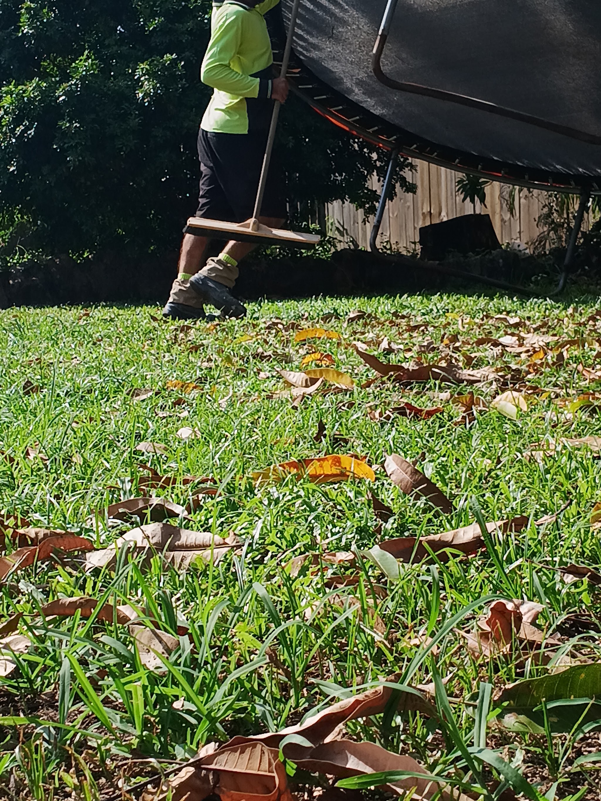 Raking fallen leaves off a customer's lawn after a mow